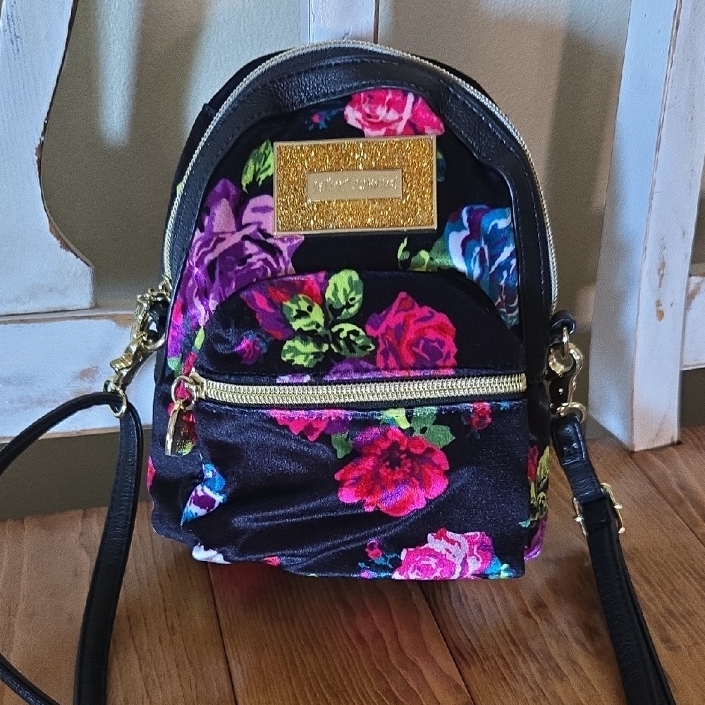 Betsey Johnson Velvet Floral Black Mini Backpack Style Adjustable Crossbody